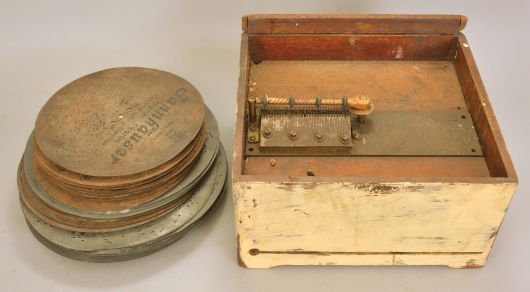 Disc and Cylinder Music Boxes for Parts or restoration: Lot includes three cylinder music boxes, and one disc music box with dozens of discs of various diameters [total 4 boxes]