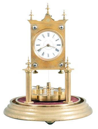 Gerson Wintermantel & Cie., Triberg, Germany, 400 day anniversary clock, spring driven, torsion pendulum movement with disc pendulum in a polished brass case with white enamel dial under dome.