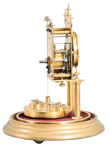 Gerson Wintermantel & Cie., Triberg, Germany, 400 day anniversary clock, spring driven, torsion pendulum movement with disc pendulum in a polished brass case with white enamel dial under dome.