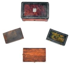 Music boxes- 4 (Four): Three with tin cases, two of those with transfer scenes decorating the covers, and one burl veneered box