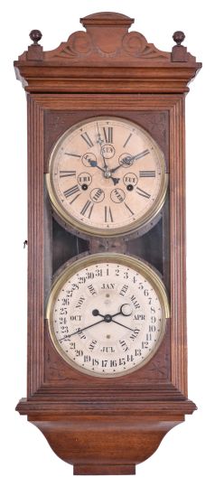 Jerome & Co. (New Haven Clock Co.), New Haven, Conn., "Register", 8 day, time and strike, spring brass movement double dial calendar clock.