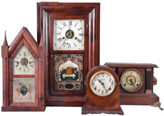 Clocks- 8 (Eight) Mantel and Shelf: Lot includes a Seth Thomas and Sons mantel clock in the French style, Gilbert time and strike porcelain clock in violet, Seth Thomas "Long Alarm", Ingraham black mantel clock with applied metal ornaments, Ingraham "Calais" mantel clock, Chauncey Jerome 30 hour steeple clock with alarm, Gilbert "Vane" mantel clock, and a Seth Thomas, Plymouth Hollow, 30 hour ogee with alarm.
