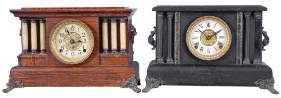 Clocks- 10 (Ten) Mantel and Desk: Clocks include four black mantel clocks by Sessions, Waterbury, and Seth Thomas; flat and round top time and strike mantel clocks by Sessions and Gilbert; three metal and one wood case time only desk clocks.