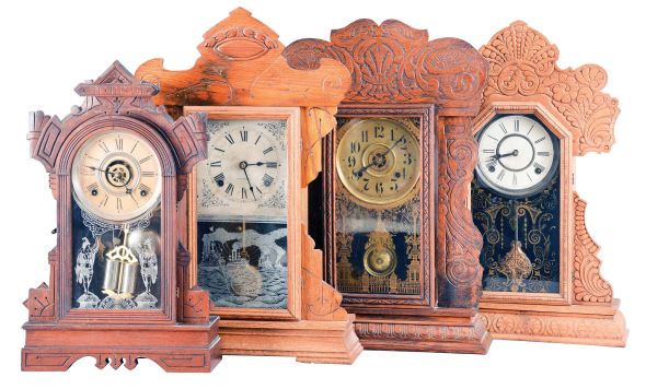 Clocks- 8 (Eight) Mantel and Parlor: assorted 8 day, time and strike, two with alarm, in wood cases by makers including Sessions, Welch, Waterbury, Seth Thomas, Ingraham, and New Haven.