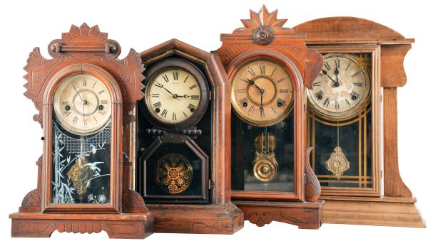 Clocks- 8 (Eight) Mantel and Parlor: assorted 8 day, time and strike, two with alarm, in wood cases by makers including Sessions, Welch, Waterbury, Seth Thomas, Ingraham, and New Haven.