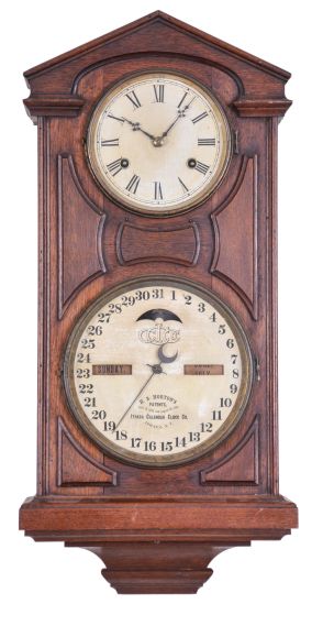 Ithaca Calendar Clock Co., Ithaca, New York, "No. 7 Hanging Cottage", 30 day, double wind spring brass movement double dial calendar clock.