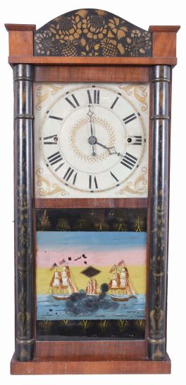 Norris North, Torrington, Conn., 30 hour, time and strike, weight wood movement column & splat shelf clock.