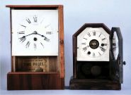 Clocks- 13 (Thirteen) American: two 19th century cottage models, plus later alarm clocks and desk timepieces. Alarms include 6 from WWII, "War Alarms" as printed on the dials, four of these are in square, hard molded paper mache cases with original black finish. 4 mixed nickel plated alarms (one in a carriage style case) and a mid century Westclox Big Ben.