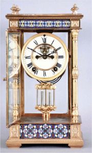 Ansonia Clock Co., New York, rare "Emperor" model shelf clock, 4-glass crystal regulator, with cloisonne enamel inlay on all 4 sides, top and bottom, and faux compensating pendulum