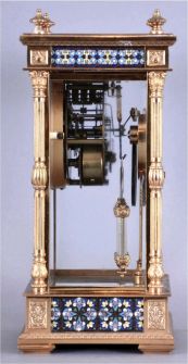 Ansonia Clock Co., New York, rare "Emperor" model shelf clock, 4-glass crystal regulator, with cloisonne enamel inlay on all 4 sides, top and bottom, and faux compensating pendulum
