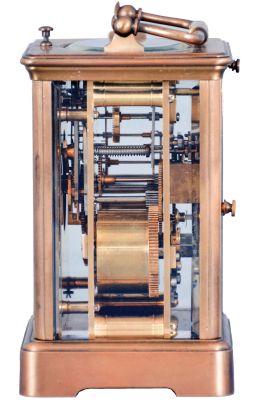 France, an unusual, five minute repeating carriage clock with single gong, gilt Corniche case with bevelled glasses, Roman numeral white enamel dial, blued steel distaff hands, 8 day, time and strike movement with lever platform, counting the hours in passing, repeating the hours when activated by top pusher, and repeating the last five minute interval through the pusher at case back