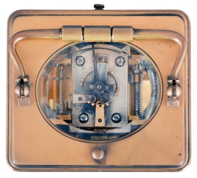 France, an unusual, five minute repeating carriage clock with single gong, gilt Corniche case with bevelled glasses, Roman numeral white enamel dial, blued steel distaff hands, 8 day, time and strike movement with lever platform, counting the hours in passing, repeating the hours when activated by top pusher, and repeating the last five minute interval through the pusher at case back