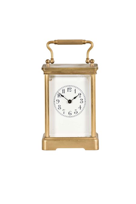 Boston Clock Co., Boston, Mass., 8 day, time and strike tandem-wind carriage clock with balance platform mounted vertically on the back plate, serial #D367.