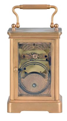 Boston Clock Co., Boston, Mass., 8 day, time and strike tandem-wind carriage clock with balance platform mounted vertically on the back plate, serial #D367.