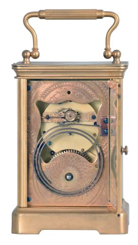 Boston Clock Co., Boston, Mass., 8 day, time and strike tandem-wind carriage clock with balance platform mounted vertically on the back plate, serial #D367.