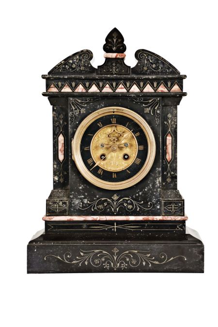 Marti & Cie, Paris, mantel clock, 8 day, time and strike, spring driven movement with visible Brocot escapement in an incised black slate case with red marble insets and molding, engraved sunk dial with black slate chapter ring with Roman numerals.