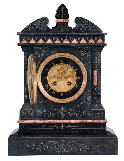 Marti & Cie, Paris, mantel clock, 8 day, time and strike, spring driven movement with visible Brocot escapement in an incised black slate case with red marble insets and molding, engraved sunk dial with black slate chapter ring with Roman numerals.
