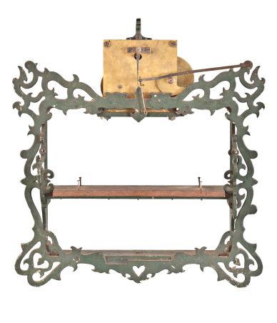 Huntington & Platts, Ithaca, New York (attribution), partial calendar clock, green painted cast iron frame, movement and reverse painted glass dial.