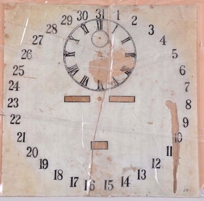 Huntington & Platts, Ithaca, New York (attribution), partial calendar clock, green painted cast iron frame, movement and reverse painted glass dial.