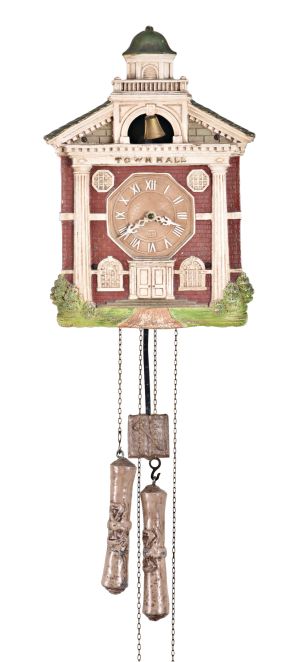 Lux Manufacturing Company, Waterbury, Conn., "Town Hall" wall clock, 30 hour, time and strike, weight driven movement, architectural case in the form of a public building with bell tower, Roman numeral dial, scroll form weights, book and gavel pendulum.