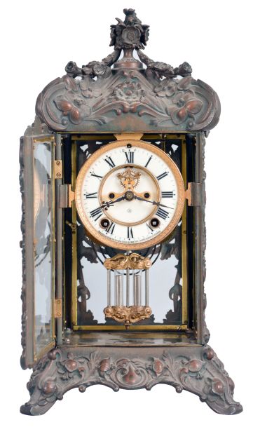 Ansonia Clock Co., New York, "Floral", 8 day, time and strike, spring brass movement crystal regulator mantel clock.
