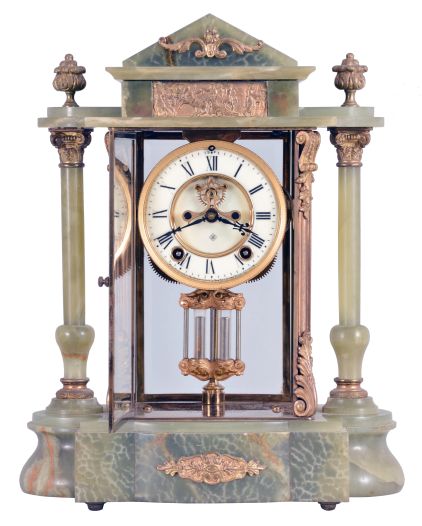 Ansonia Clock Co., New York, "Gonfalon", 8 day, time and strike, spring brass movement crystal regulator mantel clock.