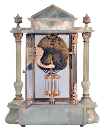 Ansonia Clock Co., New York, "Gonfalon", 8 day, time and strike, spring brass movement crystal regulator mantel clock.