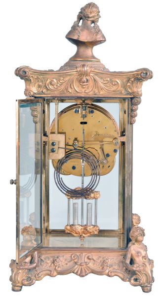 Ansonia Clock Co., New York, "Renaissance", day, time and strike, spring brass movement crystal regulator mantel clock.