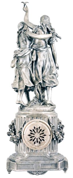 Ansonia Clock Co., New York, "Florida, with Group No. 1090", 8 day, time and strike, spring brass movement figural mantel clock.