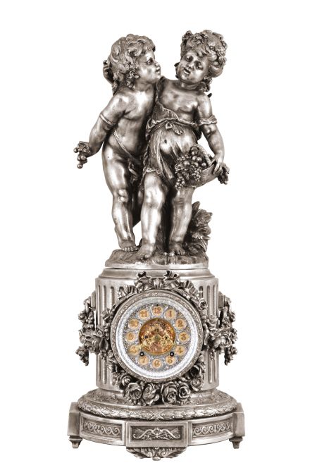 Ansonia Clock Co., New York, "Florida" base and figural "Group No. 1089" shelf clock, 8 day, time and strike, spring brass movement