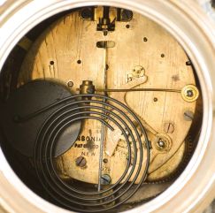 Ansonia Clock Co., New York, "Florida" base and figural "Group No. 1089" shelf clock, 8 day, time and strike, spring brass movement