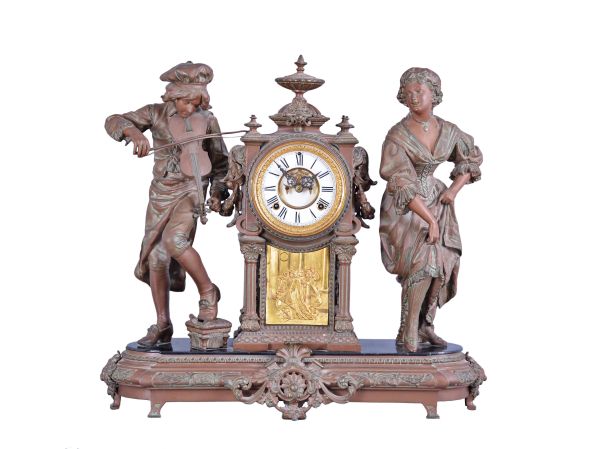 Ansonia Clock Co., New York, "Minuet", 8 day, time and strike, spring brass movement figural mantel clock.