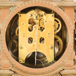 Ansonia Clock Co., New York, "Minuet", 8 day, time and strike, spring brass movement figural mantel clock.