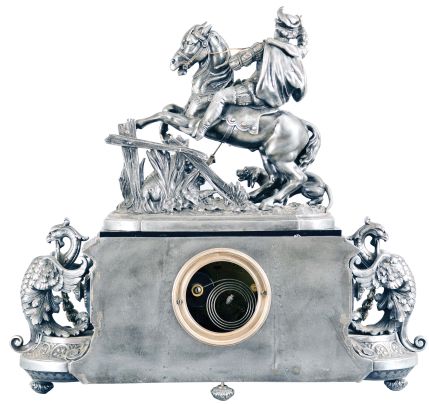 Ansonia Clock Co., New York, "Eureka and Group No. 1121 the Boar Hunter", 8 day, time and strike, spring brass movement mantel clock.