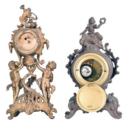 Clocks- 2 (Two): (1) Waterbury Clock Co., Waterbury, Conn., 30 hour, spring brass lever movement figural timepiece with brilliant surround dial, c1900; (2) Ansonia Clock Co., New York, "Cygnet", 8 day, time and strike, spring brass movement cast metal case with a figure on top mantel clock, c1904.