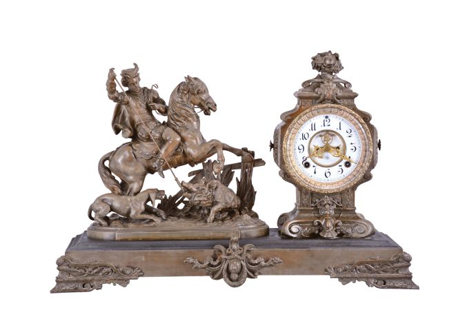 Ansonia Clock Co., New York, "Boar Hunter", 8 day, time and strike, spring brass movement mantel clock