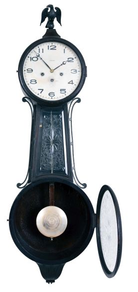 Ansonia Clock Co., New York, "Ansonia Banjo No. 3", 8 day, time and strike with Westminster chime spring brass movement banjo wall clock.