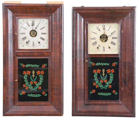 Clocks- 8 (Eight): (1) Frank & Co., New York, 30 hour, time and strike, weight OG shelf clock, c1850; (2) Terry & Andrews, Bristol, Conn., 30 hour, time and strike, weight brass movement OG shelf clock, c1850. (3) Unknown, 30 hour, time and strike, weight OG shelf clock, c1850 (4) H. Welton & Co., Terrysville, Conn., 30 hour, time and strike, weight brass movement OG shelf clock, c1840 (5) Wm. L. Gilbert Clock Co., Winsted, Conn., 30 hour, time and strike brass movement OG shelf clock, c1860. (6) New Hartford Mfg. Co., New Hartford, Conn., 30 hour, time and strike, weight brass movement OG shelf clock, c1855. (7) William S. Johnson, New York, 8 day, time and strike, weight brass movement OG shelf clock, c1850. (8) William L. Gilbert Clock Co., Winsted, Conn., 8 day, time and strike, weight brass movement OOG shelf clock, c1860