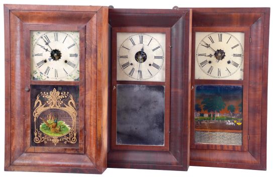 Clocks- 8 (Eight): (1) Frank & Co., New York, 30 hour, time and strike, weight OG shelf clock, c1850; (2) Terry & Andrews, Bristol, Conn., 30 hour, time and strike, weight brass movement OG shelf clock, c1850. (3) Unknown, 30 hour, time and strike, weight OG shelf clock, c1850 (4) H. Welton & Co., Terrysville, Conn., 30 hour, time and strike, weight brass movement OG shelf clock, c1840 (5) Wm. L. Gilbert Clock Co., Winsted, Conn., 30 hour, time and strike brass movement OG shelf clock, c1860. (6) New Hartford Mfg. Co., New Hartford, Conn., 30 hour, time and strike, weight brass movement OG shelf clock, c1855. (7) William S. Johnson, New York, 8 day, time and strike, weight brass movement OG shelf clock, c1850. (8) William L. Gilbert Clock Co., Winsted, Conn., 8 day, time and strike, weight brass movement OOG shelf clock, c1860