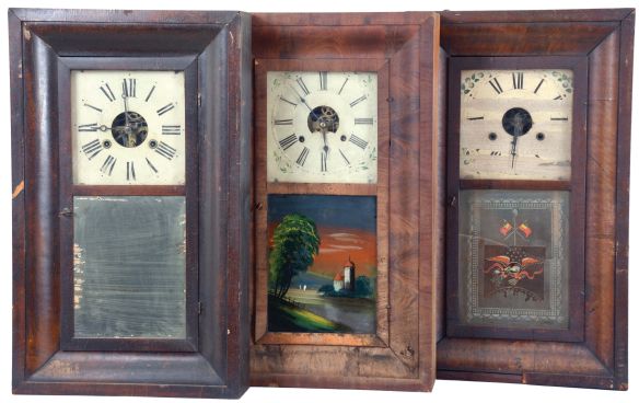 Clocks- 8 (Eight): (1) Frank & Co., New York, 30 hour, time and strike, weight OG shelf clock, c1850; (2) Terry & Andrews, Bristol, Conn., 30 hour, time and strike, weight brass movement OG shelf clock, c1850. (3) Unknown, 30 hour, time and strike, weight OG shelf clock, c1850 (4) H. Welton & Co., Terrysville, Conn., 30 hour, time and strike, weight brass movement OG shelf clock, c1840 (5) Wm. L. Gilbert Clock Co., Winsted, Conn., 30 hour, time and strike brass movement OG shelf clock, c1860. (6) New Hartford Mfg. Co., New Hartford, Conn., 30 hour, time and strike, weight brass movement OG shelf clock, c1855. (7) William S. Johnson, New York, 8 day, time and strike, weight brass movement OG shelf clock, c1850. (8) William L. Gilbert Clock Co., Winsted, Conn., 8 day, time and strike, weight brass movement OOG shelf clock, c1860