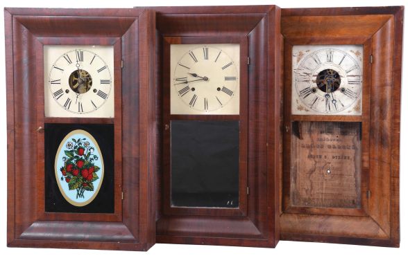 Clocks- 8 (Eight): (1) Atkins, Porter & Co., Bristol, Conn., 30 hour, time and strike, weight brass movement OG shelf clock, c1845; (2) William S. Johnson, New York, 30 hour, time and strike, weight brass movement OG shelf clock, c1850 (3) E. N. Welch Mfg. Co., Forestville, Conn., 30 hour, time and strike, weight brass movement OG shelf clock, c1860. (4) Ansonia Clock Co., Ansonia, Conn., 30 hour, time and strike, weight brass movement OG shelf clock, c1860. (5) Seth Thomas Clock Co., Plymouth Hollow Hollow, Conn., 30 hour, time and strike, weight brass movement OG shelf clock, c1860. (6) H. Welton & Co., Terrysville, Conn., 30 hour, time and strike, weight wood movement empty OG shelf clock case, c1840 (7) Smith & Goodrich, Forestville, Conn., 30 hour, time and strike, weight brass movement OG shelf clock, c1850. (8) Alden A. Atkins, Bristol, Conn., 30 hour, time and strike, weight brass movement OG shelf clock, c1843.