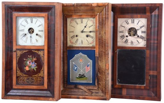 Clocks- 8 (Eight): (1) Atkins, Porter & Co., Bristol, Conn., 30 hour, time and strike, weight brass movement OG shelf clock, c1845; (2) William S. Johnson, New York, 30 hour, time and strike, weight brass movement OG shelf clock, c1850 (3) E. N. Welch Mfg. Co., Forestville, Conn., 30 hour, time and strike, weight brass movement OG shelf clock, c1860. (4) Ansonia Clock Co., Ansonia, Conn., 30 hour, time and strike, weight brass movement OG shelf clock, c1860. (5) Seth Thomas Clock Co., Plymouth Hollow Hollow, Conn., 30 hour, time and strike, weight brass movement OG shelf clock, c1860. (6) H. Welton & Co., Terrysville, Conn., 30 hour, time and strike, weight wood movement empty OG shelf clock case, c1840 (7) Smith & Goodrich, Forestville, Conn., 30 hour, time and strike, weight brass movement OG shelf clock, c1850. (8) Alden A. Atkins, Bristol, Conn., 30 hour, time and strike, weight brass movement OG shelf clock, c1843.