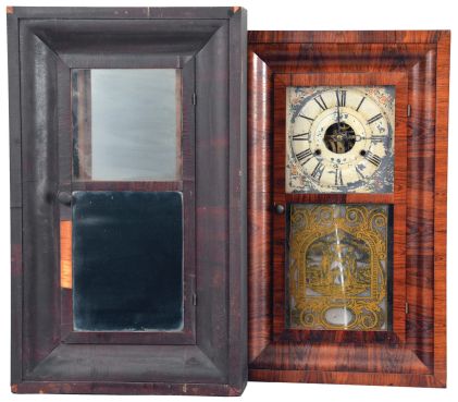 Clocks- 8 (Eight): (1) Atkins, Porter & Co., Bristol, Conn., 30 hour, time and strike, weight brass movement OG shelf clock, c1845; (2) William S. Johnson, New York, 30 hour, time and strike, weight brass movement OG shelf clock, c1850 (3) E. N. Welch Mfg. Co., Forestville, Conn., 30 hour, time and strike, weight brass movement OG shelf clock, c1860. (4) Ansonia Clock Co., Ansonia, Conn., 30 hour, time and strike, weight brass movement OG shelf clock, c1860. (5) Seth Thomas Clock Co., Plymouth Hollow Hollow, Conn., 30 hour, time and strike, weight brass movement OG shelf clock, c1860. (6) H. Welton & Co., Terrysville, Conn., 30 hour, time and strike, weight wood movement empty OG shelf clock case, c1840 (7) Smith & Goodrich, Forestville, Conn., 30 hour, time and strike, weight brass movement OG shelf clock, c1850. (8) Alden A. Atkins, Bristol, Conn., 30 hour, time and strike, weight brass movement OG shelf clock, c1843.