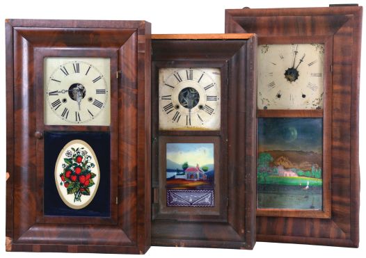 Clocks- 8 (Eight): (1) William S. Johnson, New York, 30 hour, time and strike, weight brass movement OG shelf clock, c1850; (2) Waterbury Clock Co., Waterbury, Conn., 8 day, time and strike, weight brass movement OG shelf clock, c1860 (3) Henry A. Miller, Southington, Conn., 30 hour, time and strike, weight brass movement OG shelf clock, c1832 (4) Brewster Manufacturing Co., Bristol, Conn., 30 hour, time and strike, weight brass movement OG shelf clock, c1855. (5) Waterbury Clock Co., Waterbury, Conn., 30 hour, time and strike, weight brass movement OG shelf clock, c1860 (6) Edward L. Dunbar, Bristol, Conn., 30 hour, time and strike, weight brass movement OG shelf clock, c1850. (7) H. Welton & Co., Terrysville, Conn., 30 hour, time and strike, weight brass movement OG shelf clock, c1841 (8) Alanson Richards, Bristol, Conn., 30 hour, time and strike, weight brass movement OG shelf clock, c1840.