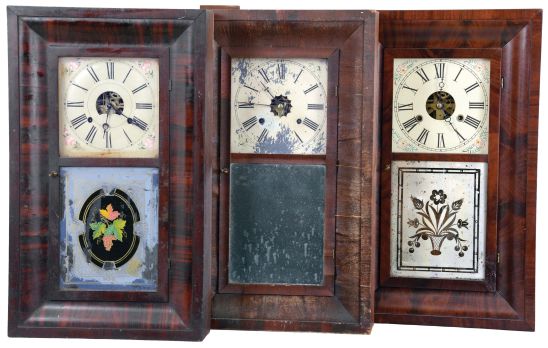 Clocks- 8 (Eight): (1) William S. Johnson, New York, 30 hour, time and strike, weight brass movement OG shelf clock, c1850; (2) Waterbury Clock Co., Waterbury, Conn., 8 day, time and strike, weight brass movement OG shelf clock, c1860 (3) Henry A. Miller, Southington, Conn., 30 hour, time and strike, weight brass movement OG shelf clock, c1832 (4) Brewster Manufacturing Co., Bristol, Conn., 30 hour, time and strike, weight brass movement OG shelf clock, c1855. (5) Waterbury Clock Co., Waterbury, Conn., 30 hour, time and strike, weight brass movement OG shelf clock, c1860 (6) Edward L. Dunbar, Bristol, Conn., 30 hour, time and strike, weight brass movement OG shelf clock, c1850. (7) H. Welton & Co., Terrysville, Conn., 30 hour, time and strike, weight brass movement OG shelf clock, c1841 (8) Alanson Richards, Bristol, Conn., 30 hour, time and strike, weight brass movement OG shelf clock, c1840.