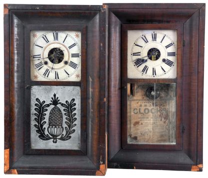 Clocks- 8 (Eight): (1) William S. Johnson, New York, 30 hour, time and strike, weight brass movement OG shelf clock, c1850; (2) Waterbury Clock Co., Waterbury, Conn., 8 day, time and strike, weight brass movement OG shelf clock, c1860 (3) Henry A. Miller, Southington, Conn., 30 hour, time and strike, weight brass movement OG shelf clock, c1832 (4) Brewster Manufacturing Co., Bristol, Conn., 30 hour, time and strike, weight brass movement OG shelf clock, c1855. (5) Waterbury Clock Co., Waterbury, Conn., 30 hour, time and strike, weight brass movement OG shelf clock, c1860 (6) Edward L. Dunbar, Bristol, Conn., 30 hour, time and strike, weight brass movement OG shelf clock, c1850. (7) H. Welton & Co., Terrysville, Conn., 30 hour, time and strike, weight brass movement OG shelf clock, c1841 (8) Alanson Richards, Bristol, Conn., 30 hour, time and strike, weight brass movement OG shelf clock, c1840.
