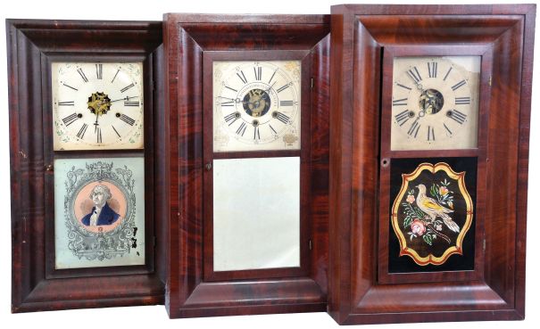 Clocks- 6 (Six): (1) E. & H. A. Bills, Colebrook River, Conn., 30 hour, time and strike, weight brass movement OG shelf clock, c1844; (2) Seth Thomas Clock Co., Plymouth Hollow, Conn., 30 hour, time and strike, weight brass movement OG shelf clock, c1860 (3) Morse & Co., Plymouth Hollow, Conn., 30 hour, time and strike, weight brass movement OG shelf clock, c1855. (4) H. Welton & Co., Terrysville, Conn., 30 hour, time and strike, weight brass movement OG shelf clock, c1841. (5) Union Manufacturing Co., Bristol, Conn., 30 hour, time, strike and alarm weight brass movement OG shelf clock, c1845. (6) William L. Gilbert & Co., Winsted, Conn., 30 hour, time and strike, weight brass movement OG shelf clock, c1860