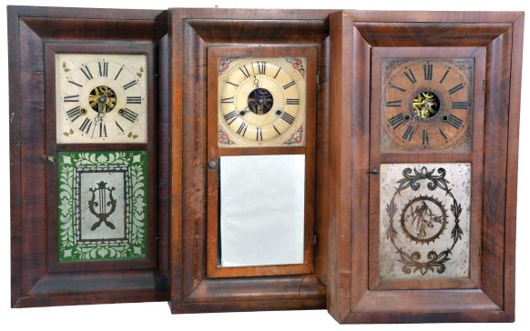 Clocks- 6 (Six): (1) E. & H. A. Bills, Colebrook River, Conn., 30 hour, time and strike, weight brass movement OG shelf clock, c1844; (2) Seth Thomas Clock Co., Plymouth Hollow, Conn., 30 hour, time and strike, weight brass movement OG shelf clock, c1860 (3) Morse & Co., Plymouth Hollow, Conn., 30 hour, time and strike, weight brass movement OG shelf clock, c1855. (4) H. Welton & Co., Terrysville, Conn., 30 hour, time and strike, weight brass movement OG shelf clock, c1841. (5) Union Manufacturing Co., Bristol, Conn., 30 hour, time, strike and alarm weight brass movement OG shelf clock, c1845. (6) William L. Gilbert & Co., Winsted, Conn., 30 hour, time and strike, weight brass movement OG shelf clock, c1860