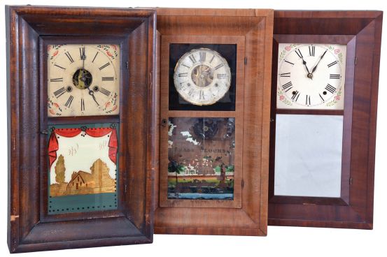 Clocks- 6 (Six): (1) L.J. & L. Strickland, Otis, Mass., 30 hour, time and strike, weight brass movement OG shelf clock, c1845; (2) Terry & Andrews, Bristol, Conn., 30 hour, time and strike, weight brass movement OG shelf clock, c1850. (3) Clarke, Gilbert & Co., Bristol, Conn., 30 hour, time and strike, weight brass movement OG shelf clock, c1841. (4) Connecticut Clock Co., New York, 30 hour, time and strike, weight brass movement OG shelf clock, c1850. (5) Jeromes, Gilbert, Grant & Co., Bristol, Conn., 30 hour, time and strike, weight brass movement OG shelf clock, c1840. (6) Chauncey Boardman, Bristol, Conn., 30 hour, time and strike, weight wood movement Bevel case shelf clock, c1840.