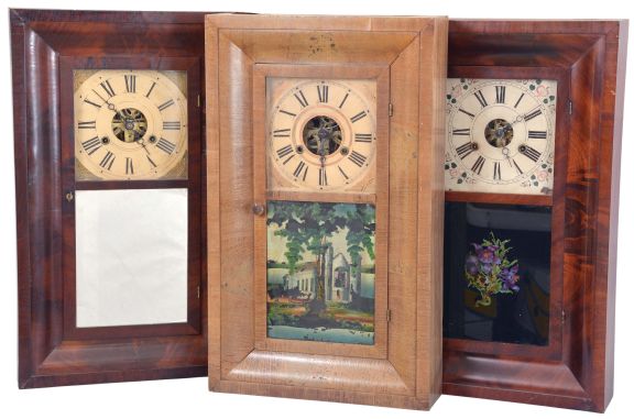 Clocks- 6 (Six): (1) L.J. & L. Strickland, Otis, Mass., 30 hour, time and strike, weight brass movement OG shelf clock, c1845; (2) Terry & Andrews, Bristol, Conn., 30 hour, time and strike, weight brass movement OG shelf clock, c1850. (3) Clarke, Gilbert & Co., Bristol, Conn., 30 hour, time and strike, weight brass movement OG shelf clock, c1841. (4) Connecticut Clock Co., New York, 30 hour, time and strike, weight brass movement OG shelf clock, c1850. (5) Jeromes, Gilbert, Grant & Co., Bristol, Conn., 30 hour, time and strike, weight brass movement OG shelf clock, c1840. (6) Chauncey Boardman, Bristol, Conn., 30 hour, time and strike, weight wood movement Bevel case shelf clock, c1840.